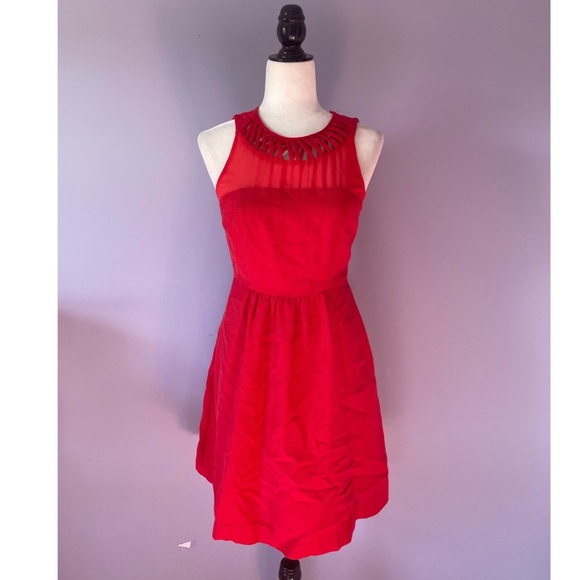 Anthropologie NWOT Maeve red Lattice A Line Sheer Fit and Flare Casual Dress - Picture 7 of 8